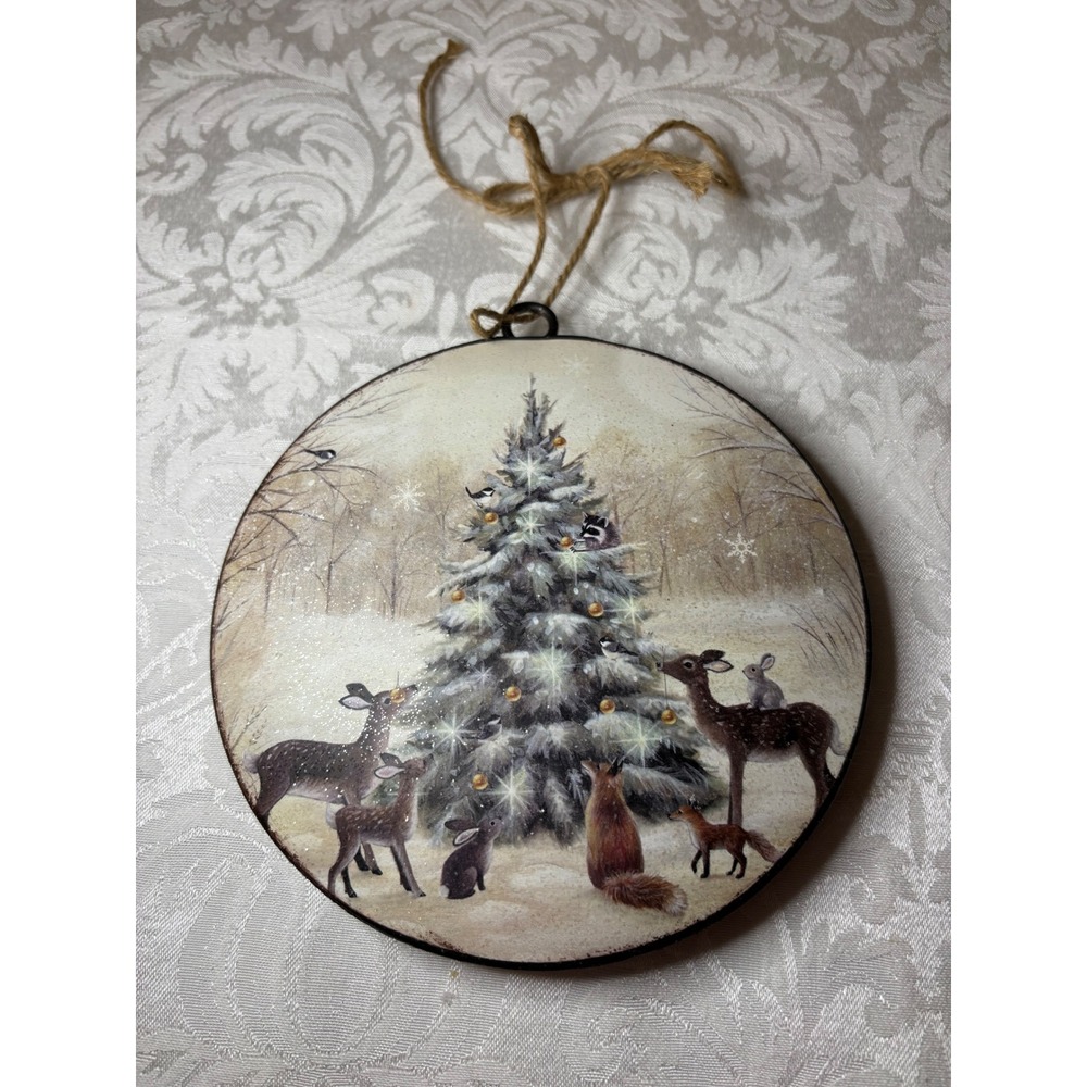 Sarah Summers "Animals Decorating Tree" 10" JUMBO 2 sided Christmas Ornament VTG